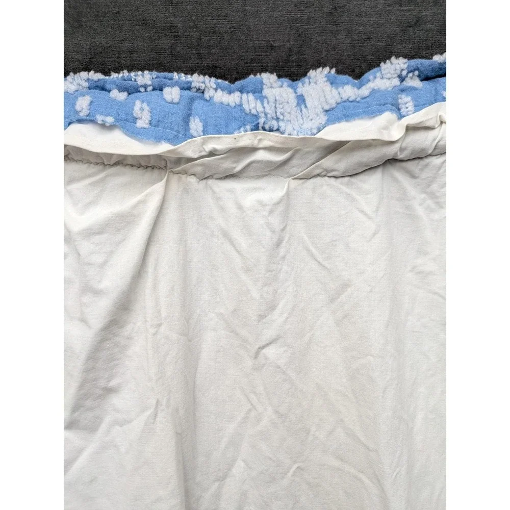Vtg Bath Curtains Double Wedding Ring Chenille Drapes Blue White Pair Rod Pocket